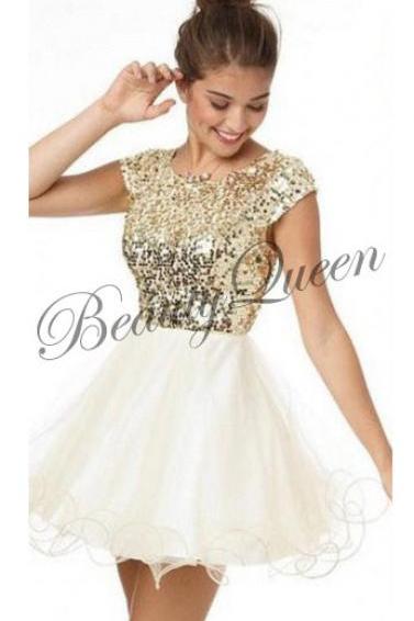 Homecoming Dress,Gold Sequins Homecoming Dress,2016,Ivory Tulle Prom Dress,Short Homecoming Dress,Sexy Short Prom Dress with Cap Sleeves,Graduation Dress