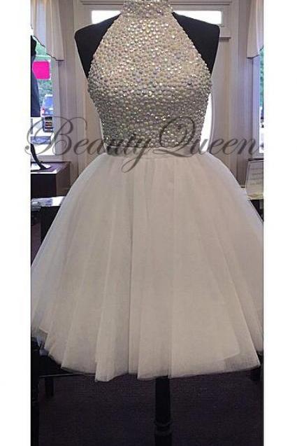 White Halterneck Tulle Homecoming Dress with Crystal Beaded Bodice