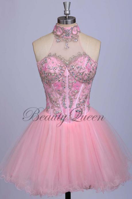 Homecoming Dresses,Pink Homecoming Dress,2016,Tulle Prom Dress,High Neck Prom Dress,Short Homecoming Dress,Sexy Short Prom Dress Beaded,Graduation Dress
