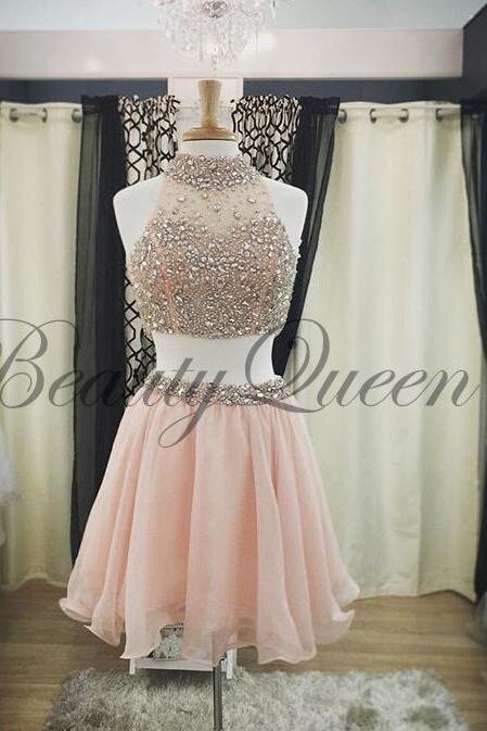 Homecoming Dresses, Pink Homecoming Dress, 2016, Two Pieces Prom Dresses, High Neck Prom Dress, Short Homecoming Dress, Sexy Short Prom Dress Beaded, Short Prom Dresses, Graduation Dress