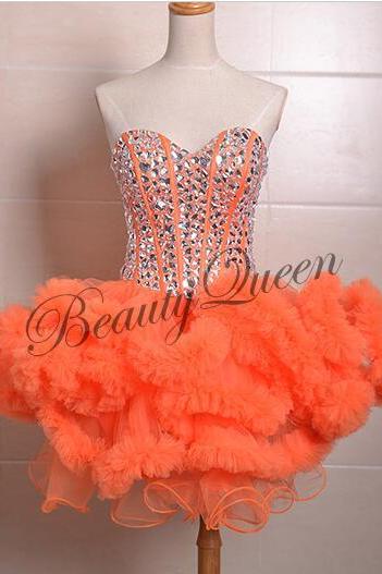 Homecoming Dresses,Sweetheart Homecoming Dress,2016,Orange Prom Dress,Tulle Short Homecoming Dress,Sexy Short Prom Dress with Puffy Ruffles,Graduation Dress