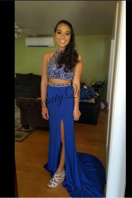 Prom Dresses, Two Pieces Prom Dresses, 2 Piece Prom Dress, Sexy Royal Blue Prom Dress Split Side, Custom Made, 2016 Prom Dresses, Royal Blue Evening Dresses, Beaded Prom Gowns, High Neck Prom Dresses, Prom Dress with Beadings