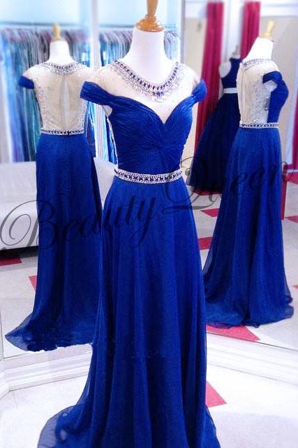 Prom Dresses,Long Women Dress,Royal Blue Prom Dress,2016,Royal Blue Chiffon Prom Dress,Evening Dress,Sexy Prom Dress with Beadings,Cap Sleeves Prom Dress,Party Dress