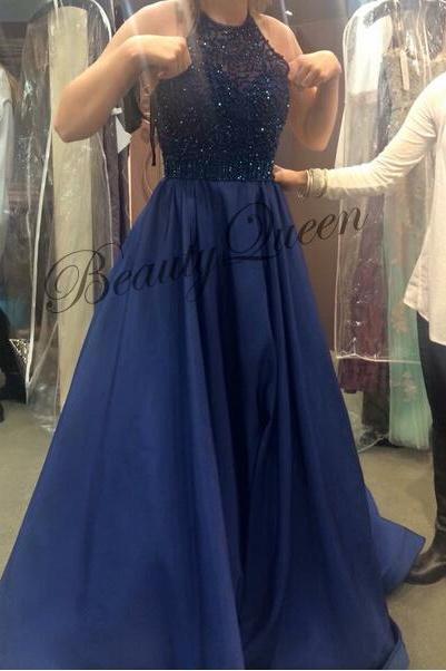 Cerulean Satin High Neck Prom Dress With Lace Appliques Bodice on Luulla