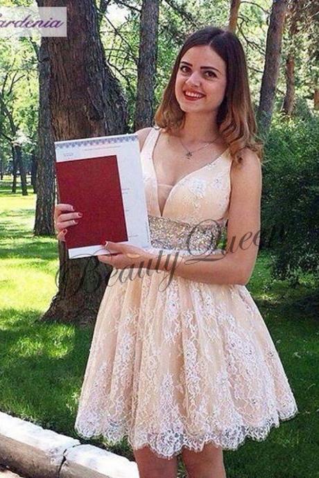 Homecoming Dresses,V Neckline Homecoming Dress 2016,Champagne Lace Prom Dress,Short Lace Homecoming Dress,Sexy Lace Prom Dress,Graduation Dresses