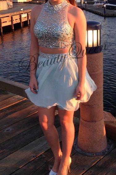 Homecoming Dresses, Silver Homecoming Dress, Two Pieces Prom Dresses, High Neck Prom Dress, Short Homecoming Dress, Sexy Short Prom Dress Beaded, Graduation Dress, Short Prom Dresses, Custom Made