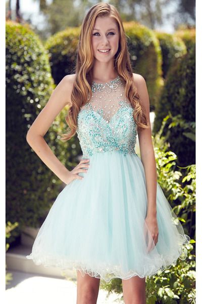 Mint A-line Tulle Dress with Beaded Bodice and Illusion Neckline