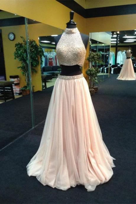 Two Pieces Prom Dresses, Prom Dresses, 2017, Halter Prom Dresses, Long Prom Dresses, Tulle Prom Dresses, 2 Pieces Prom Dresses, Homecoming Dresses, Evening Dresses 2017, Long Evening Gowns, Party Dress, Custom Made, Formal Dress