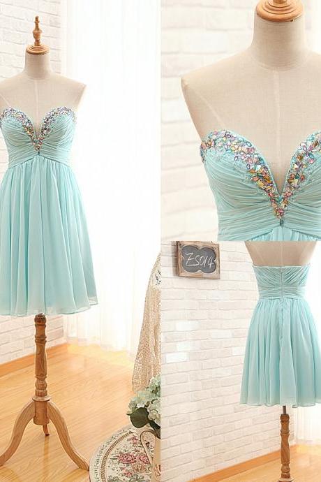 Short Chiffon Pleated Homecoming Dress Featuring Plunge V Ruched Sweetheart Bodice and Beaded Embellishment 