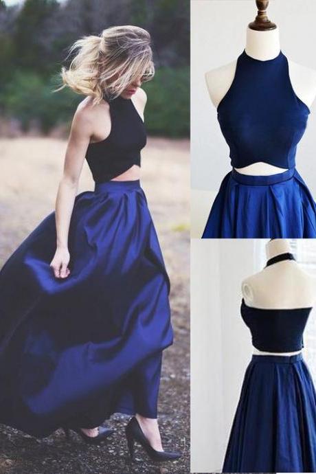 Two-piece Navy Blue Prom Dresses, Halter Prom Dresses, Prom Dresses 2016