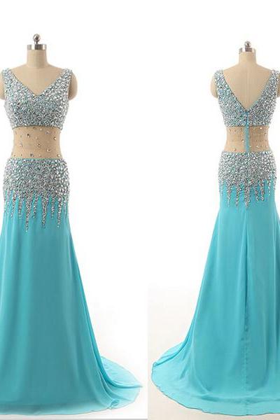 Evening Dresses,Turquoise Prom Dresses 2017,V Neck Prom Gowns,Mermaid Evening Dresses,Beaded Evening Gowns