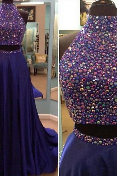 Prom Dresses,Two Pieces Prom Dresses,2 Piece Prom Dresses, 2016 Prom Dresses, Dark Royal Blue Evening Dresses,Beaded Prom Gowns,Prom Dresses,Pageant Dress,Prom Dress with Beadings