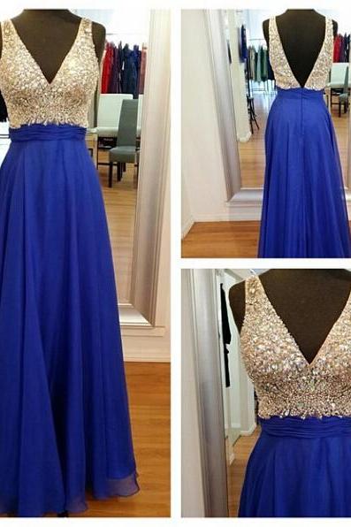 Prom Dresses 2017,Deep V Neckline Prom Gowns,Long Prom Dresses with Beadings,Royal Blue Prom Dress,Backless Prom Dress