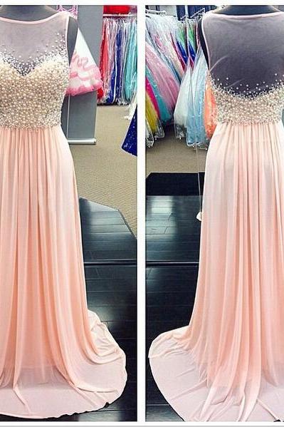 Prom Dresses 2017,Scoop Prom Gowns,Long Chiffon Prom Dresses,Coral Prom Dress,Sexy Prom Dresses with Pearls Beaded