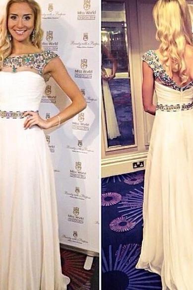 Prom Dresses,Scoop Prom Gowns,Long Chiffon Prom Dresses,White Prom Dress, 2017 Prom Dresses