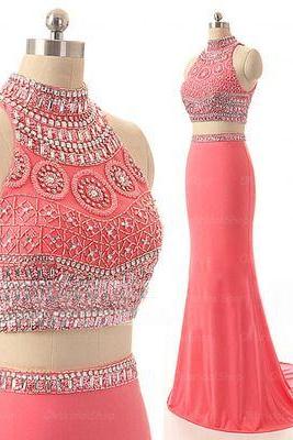Prom Dresses,Two Pieces Prom Dresses,2 Piece Prom Dresses, 2017 Prom Dresses, Pink Evening Dresses,Beaded Prom Gowns,Pageant Dress,Prom Dress with Beadings,Two Piece Prom Gowns, 2017
