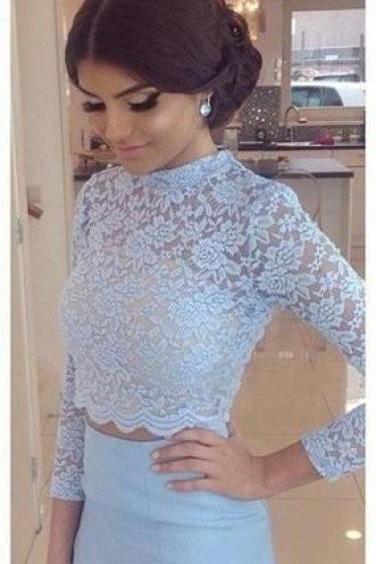 Prom Dresses,Two Pieces Prom Dresses,2 Piece Prom Dresses, 2017 Prom Dresses, Baby Blue Evening Dresses,Lace Prom Dress,Pageant Dress,Prom Dress with Beadings,Two Piece Prom Gowns, 2017
