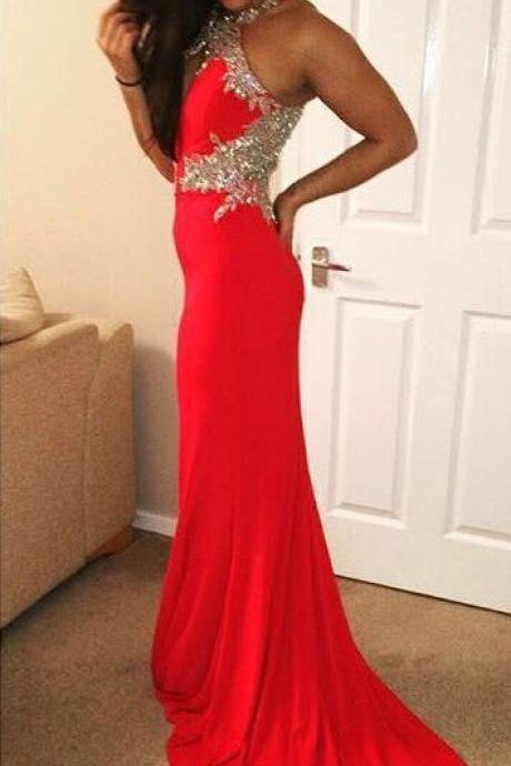 Prom Dresses,Halter Neckline Prom Gowns,Long Prom Dresses,Red Prom Dress,Mermaid Prom Dress,Prom Dresses with Beadings,Evening Dress,2017