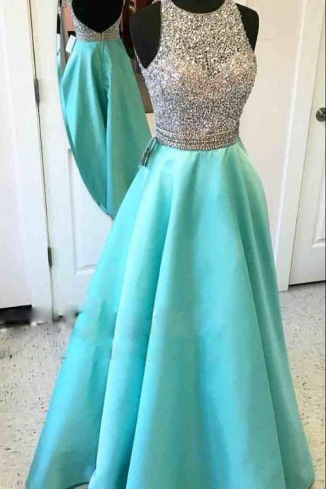 Prom Dresses,Scoop Prom Gowns,Long Satin Prom Dresses,Turquoise Prom Dress,Prom Dresses with Beadings,Open Back Prom Dress, 2017