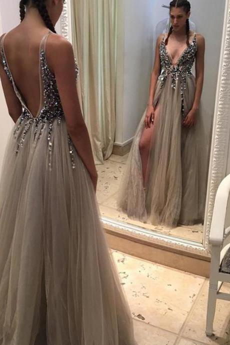 Evening Dresses,Gray Prom Dresses ,Tulle Prom Dress,Beaded Prom Dresses,Long Evening Gowns,Split Side Evening Dress, 2017