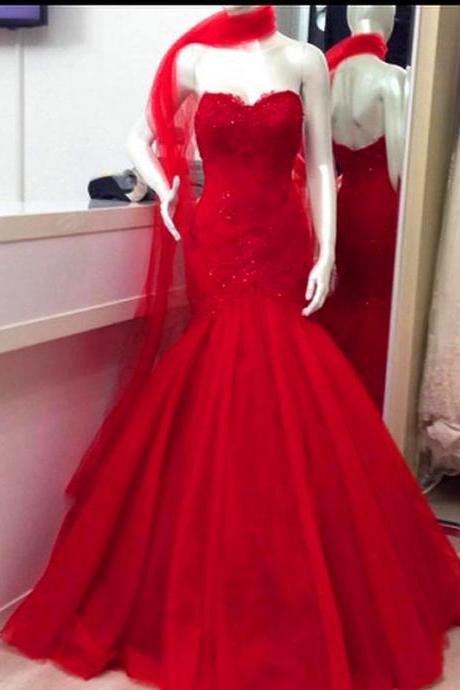 Evening Dresses,Red Prom Dresses ,Lace Prom Dress,Mermaid Prom Dresses,Mermaid Evening Gowns Beaded,Mermaid Evening Dress, 2017