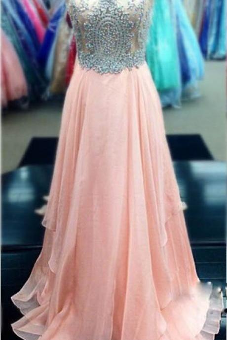 Prom Dresses,Scoop Prom Gowns,Long Chiffon Prom Dresses,Coral Prom Dress,Prom Dresses with Appliqués,Lace Prom Dress, 2017