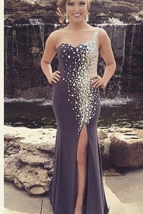 Prom Dresses,One Shoulder Prom Gowns,Long Mermaid Prom Dresses,Black Prom Dress,Prom Dresses with Beadings,Mermaid Prom Dress, 2017
