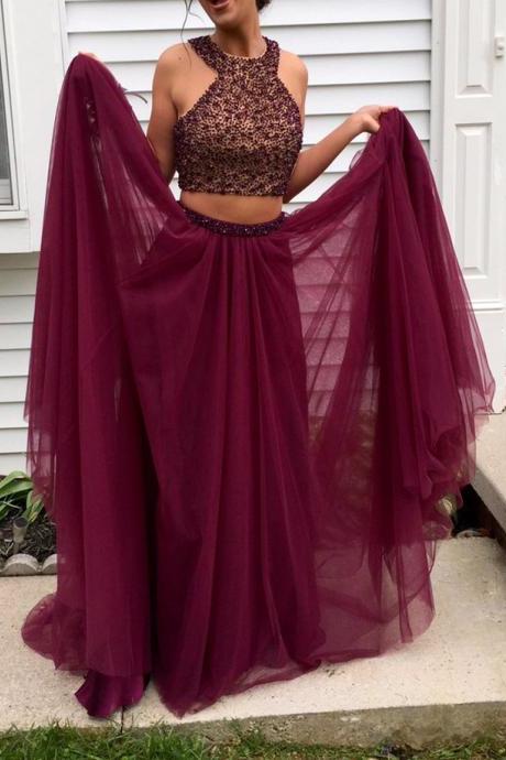 Prom Dresses,Two Pieces Prom Dresses,Burgundy Prom Dresses, 2017 Prom Dresses, Burgundy Evening Dresses,Beaded Prom Gowns,Pageant Dress,Prom Dress with Beadings,Two Piece Prom Gowns, 2017