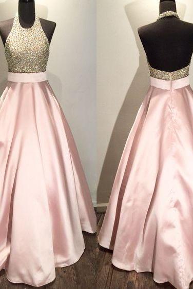Prom Dresses,Halter Prom Gowns,Long Satin Prom Dresses,Pink Prom Dress,Prom Dresses with Beadings,Backless Prom Dress, 2017