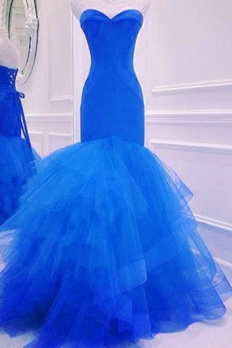 Evening Dresses, Mermaid Prom Dresses ,Tulle Prom Dress,Royal Blue Prom Dresses,Mermaid Evening Gowns Ruffles,Mermaid Evening Dress, 2017