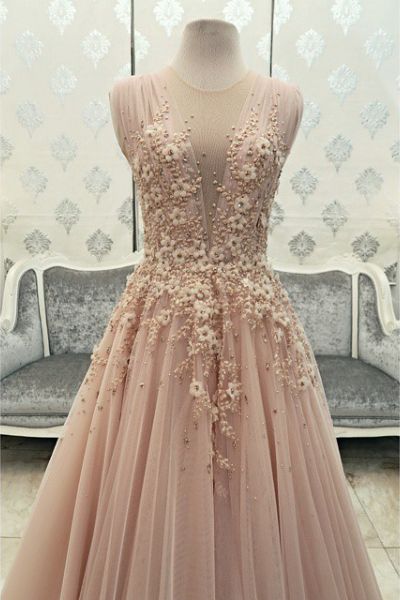 Prom Dresses,Tulle Prom Gowns,Long Prom Dresses,Blush Pink Prom Dress,Backless Prom Dress,Prom Gowns Beaded, Prom Dress with Pearls Flowers,2017