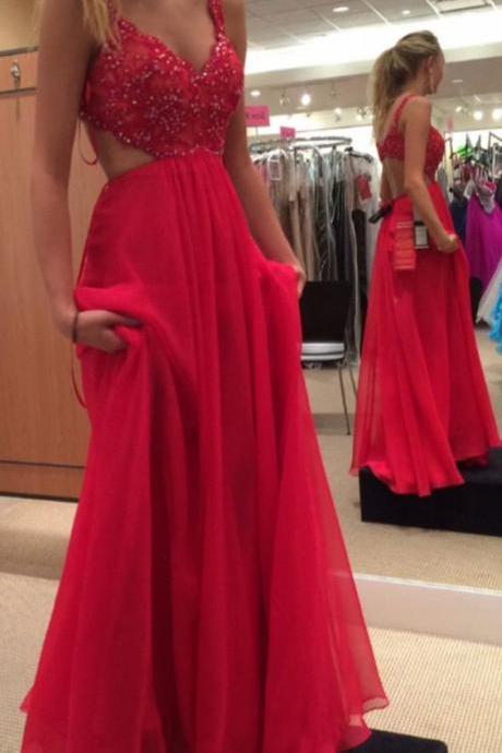 Prom Dresses,V Neck Prom Gowns,Long Chiffon Prom Dresses,Red Prom Dress,Prom Dresses with Beadings,Lace Prom Dress, 2017