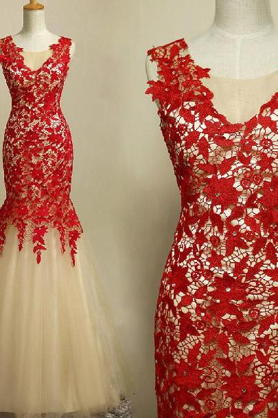Prom Dresses,Red Lace Prom Dresses ,Champagne Tulle Prom Dress,Mermaid Prom Dresses,Mermaid Evening Gowns Beaded,Mermaid Evening Dress, 2017