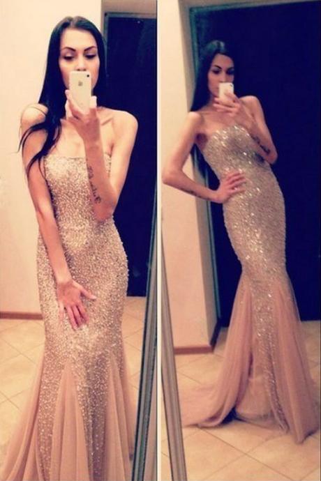 Prom Dresses,Shiny Prom Dresses Beaded,Champagne Tulle Prom Dress,Mermaid Prom Dresses,Mermaid Evening Gowns Beaded,Mermaid Evening Dress, Luxury Beadings Prom Dress Ruffles,2017