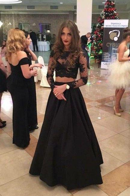 Prom Dresses,Two Pieces Prom Dresses,Black Prom Dresses, 2017 Prom Dresses, Black Evening Dresses,Lace Prom Gowns,Pageant Dress,Prom Dress with Full Sleeve,Two Piece Prom Gowns, 2017