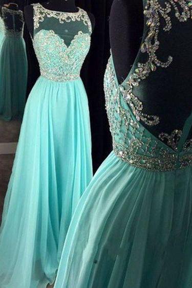 Prom Dresses,Sheer Scoop Prom Gowns,Long Chiffon Prom Dresses,Sky Blue Prom Dress,Prom Dresses with Beadings,Open Back Prom Dress, 2017