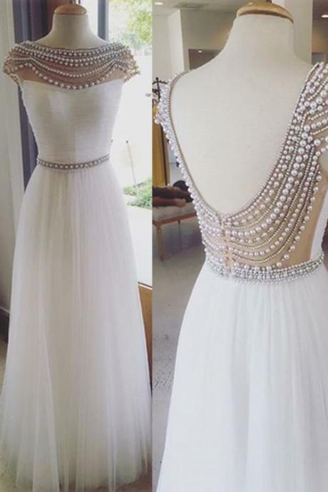 Prom Dresses,Sheer Scoop Prom Gowns,White Tulle Prom Dresses,Long Prom Dress Beaded Pearls,Prom Dresses with Beadings,Open Back Prom Dress, 2017
