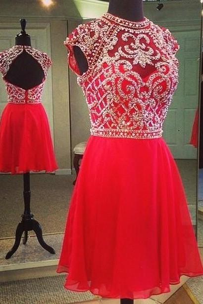 Homecoming Dresses,Red Homecoming Dress,Short Homecoming Dress,Sexy Short Prom Dress,Red Chiffon Prom Dress, Backless Short Prom Dress,Prom Dress with Beadings,2017