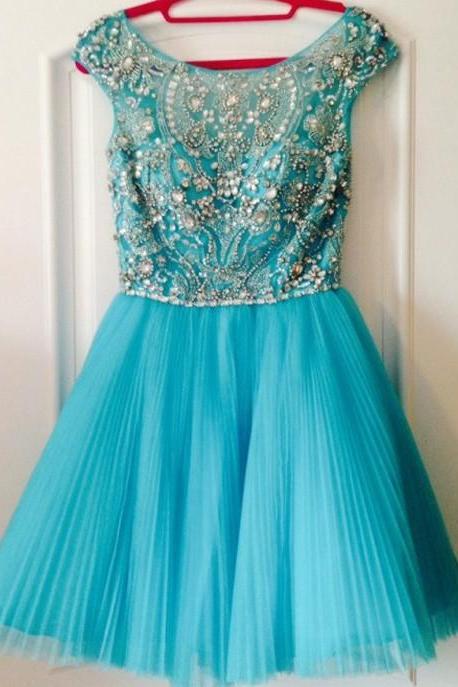 Homecoming Dresses,Turquoise Homecoming Dress,Short Homecoming Dress,Sexy Short Prom Dress,Tulle Ruffles Prom Dress, Backless Short Prom Dress,Prom Dress with Beadings,2017