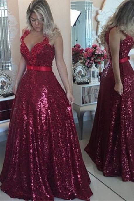 Prom Dresses,Burgundy Prom Dresses,Sequined Prom Gowns,Long Prom Dress Beaded,Sparkly Prom Dresses ,Open Back Prom Dress, 2017
