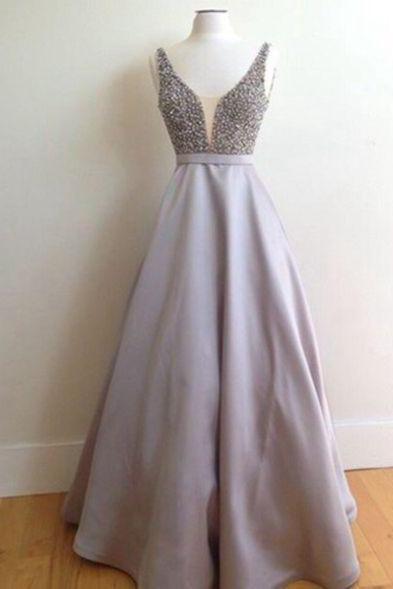 Prom Dresses,V Neck Prom Gowns,Long Satin Prom Dresses,Gray Prom Dress,Prom Dresses with Beadings,Backless Prom Dress, 2017