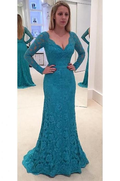 Prom Dresses,Turquoise Lace Prom Dresses, Full Sleeve Prom Dress,Mermaid Prom Dresses,Mermaid Evening Gowns Long Sleeves,Lace Evening Dress, Pageant Dresses,2017 Prom Dresses, Custom Made