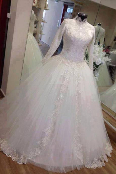 Bridal Dresses, 2017 White Wedding Dresses, Arabric Wedding Dress,Ball Gown Wedding Dresses, Lace Wedding Dresses, High Neck Wedding Dress, Bridal Gowns, Full Sleeves Muslim Wedding Gowns,Vintage Tulle Wedding Gowns, Bridal Dresses, Wedding Party Dresses, Custom Made