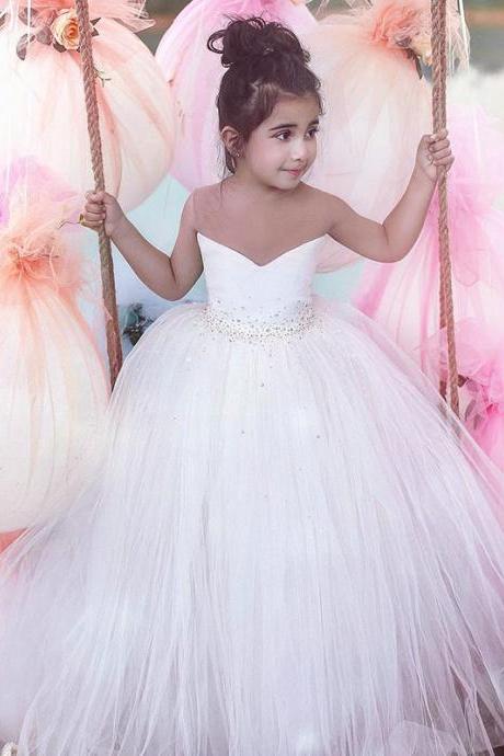 Flower Girl Dresses, White Tulle First Communion Dresses, First Communion Dresses for Girls, Girls Pageant Dresses, Princess Communion Dresses, Kids Pageant Gowns, Custom Made