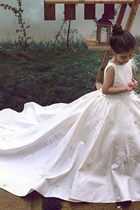 Flower Girl Dresses, Ivory Satin First Communion Dresses, Communion Dresses 2017, First Communion Dresses for Girls, Girls Pageant Dresses, Princess Communion Dresses, Kids Pageant Gowns, Custom Made