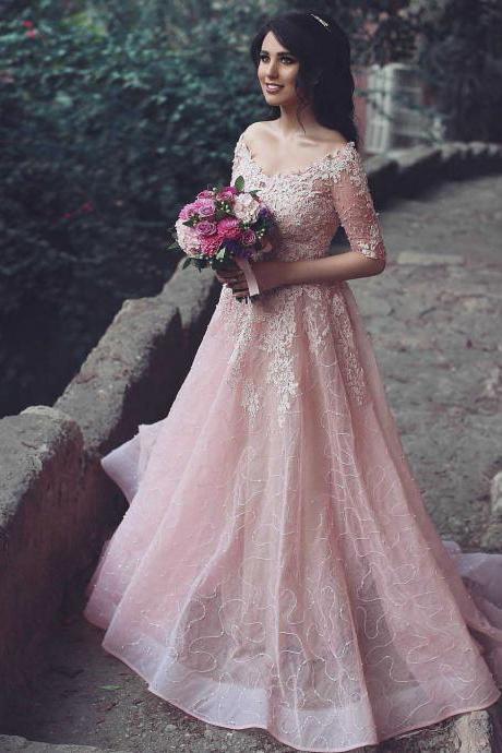 Prom Dresses, Prom Dress with Half Sleeves, Long Prom Dresses, Prom Dress with Sequins, Sparkly Prom Dresses Long, V Neck Tulle Prom Dress, 2017 Prom Dresses, Sexy Prom Dress, Blush Pink Prom Dresses, Custom Made