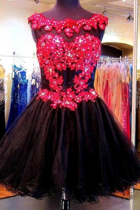 Prom Dresses, Prom Dresses with Appliqués, Short Prom Dresses, 2017 Prom Dresses, Short Homecoming Dress, Black Tulle Red Lace Prom Dress, Prom Gowns, Short Party Dress, Prom Dresses 2017, Custom Made
