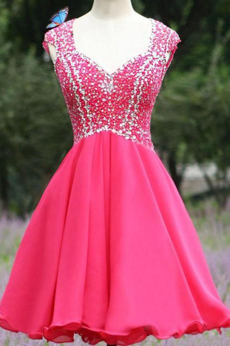 Prom Dresses, Prom Dresses with Beadings, Lace Chiffon Prom Dresses, Short Prom Dresses, 2017 Prom Dresses, Short Homecoming Dresses, Hot Pink Prom Dress, Prom Gowns, Mini Party Dress, Prom Dresses 2017, Custom Made