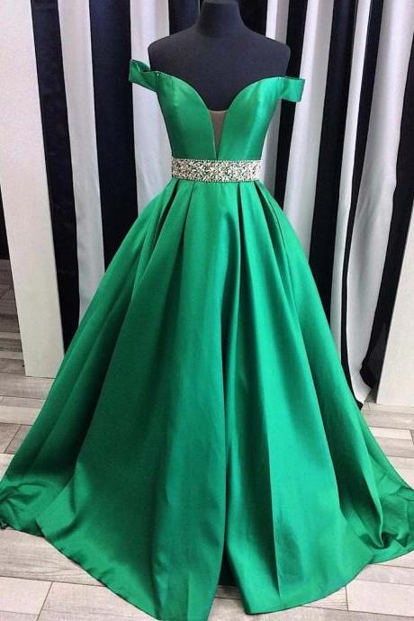 2017 Prom Dresses, Green Prom Dress, Long Prom Dresses, Prom Dress with Beadings, Satin Prom Dresses Long, Off The Shoulder Prom Dress, Pageant Gowns, Formal Dresses, Sexy Prom Dress, Custom Made