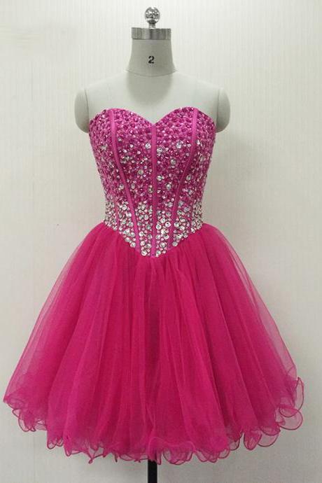 Prom Dresses, Prom Dresses with Beadings, Backless Prom Dresses, Sweetheart Prom Dresses, Tulle Ruffles Prom Dresses, Short Prom Dresses, 2017 Prom Dresses, Short Homecoming Dresses, Hot Pink Prom Dress, Mini Party Dress, Prom Dresses 2017, Custom Made